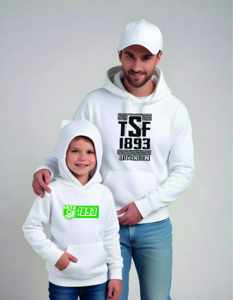 Recyceltes Unisex-Sweatshirt mit Kapuze weiß inkl. Druck